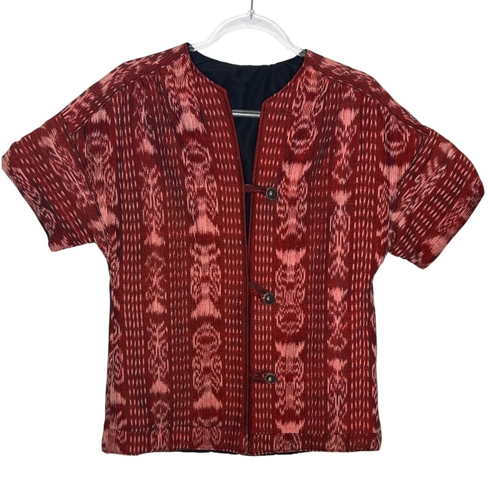 Handmade Quilted Artisan Jacket Red Pink Ikat Print Floral Button Medium